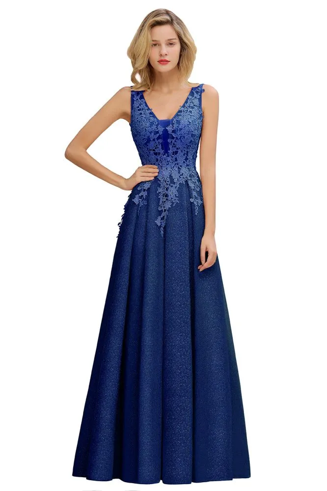 A-Line V-neck Floor-Length Tulle Sequined Formal Dress