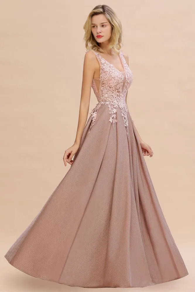 A-Line V-neck Floor-Length Tulle Sequined Formal Dress