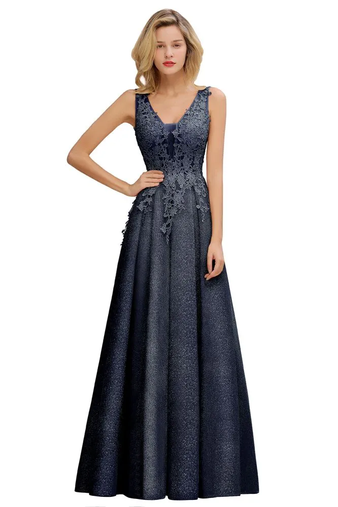 A-Line V-neck Floor-Length Tulle Sequined Formal Dress