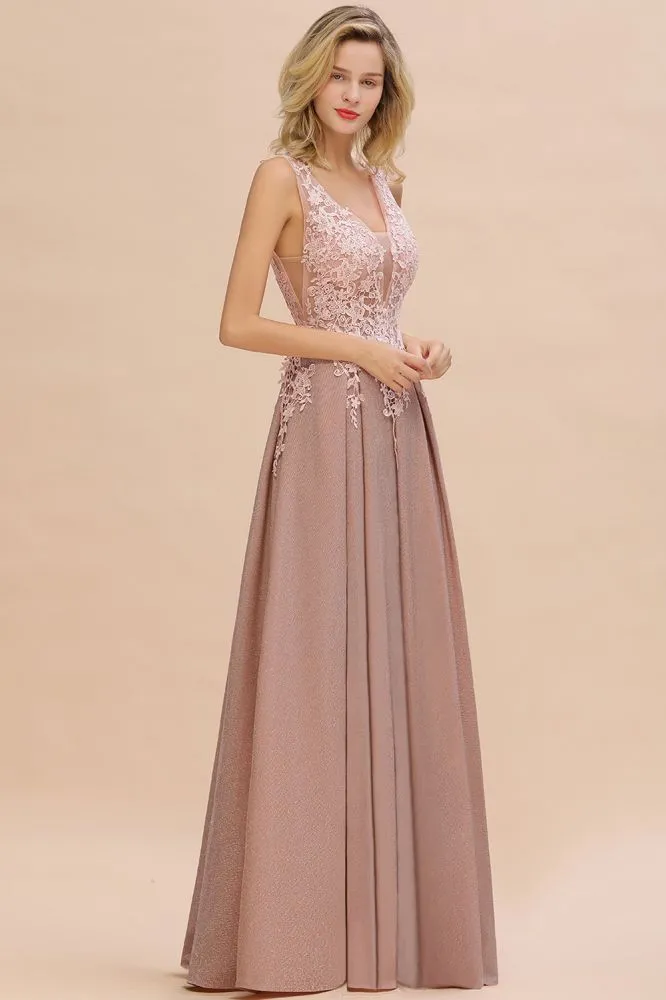 A-Line V-neck Floor-Length Tulle Sequined Formal Dress