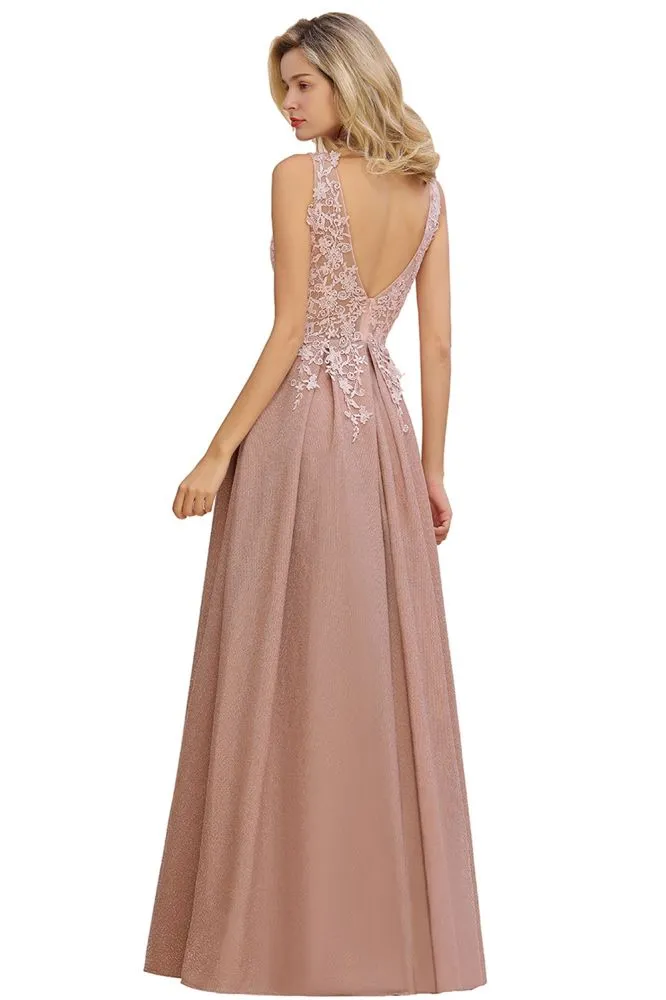 A-Line V-neck Floor-Length Tulle Sequined Formal Dress