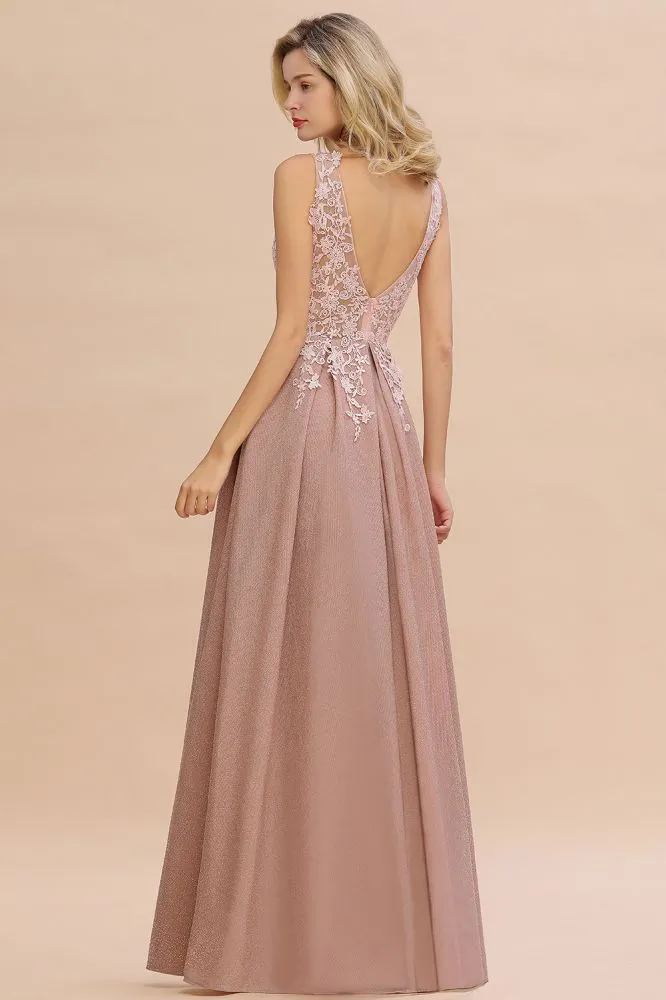 A-Line V-neck Floor-Length Tulle Sequined Formal Dress