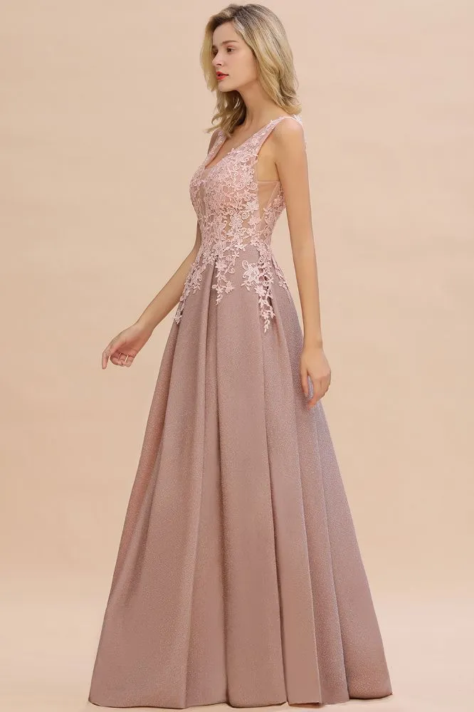 A-Line V-neck Floor-Length Tulle Sequined Formal Dress