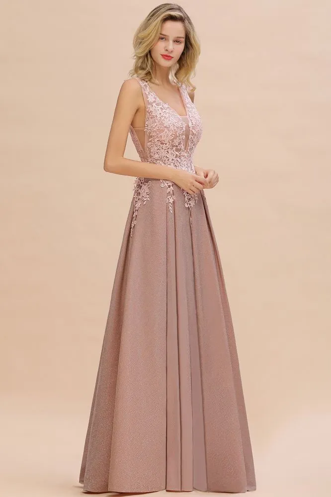 A-Line V-neck Floor-Length Tulle Sequined Formal Dress