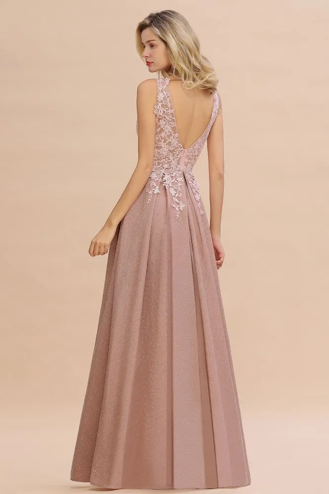A-Line V-neck Floor-Length Tulle Sequined Formal Dress