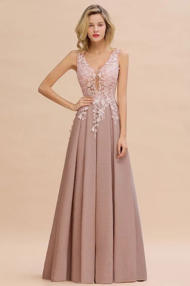 A-Line V-neck Floor-Length Tulle Sequined Formal Dress