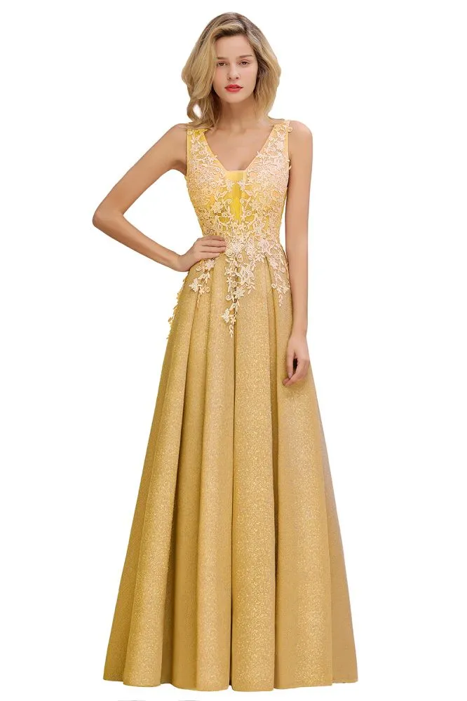 A-Line V-neck Floor-Length Tulle Sequined Formal Dress