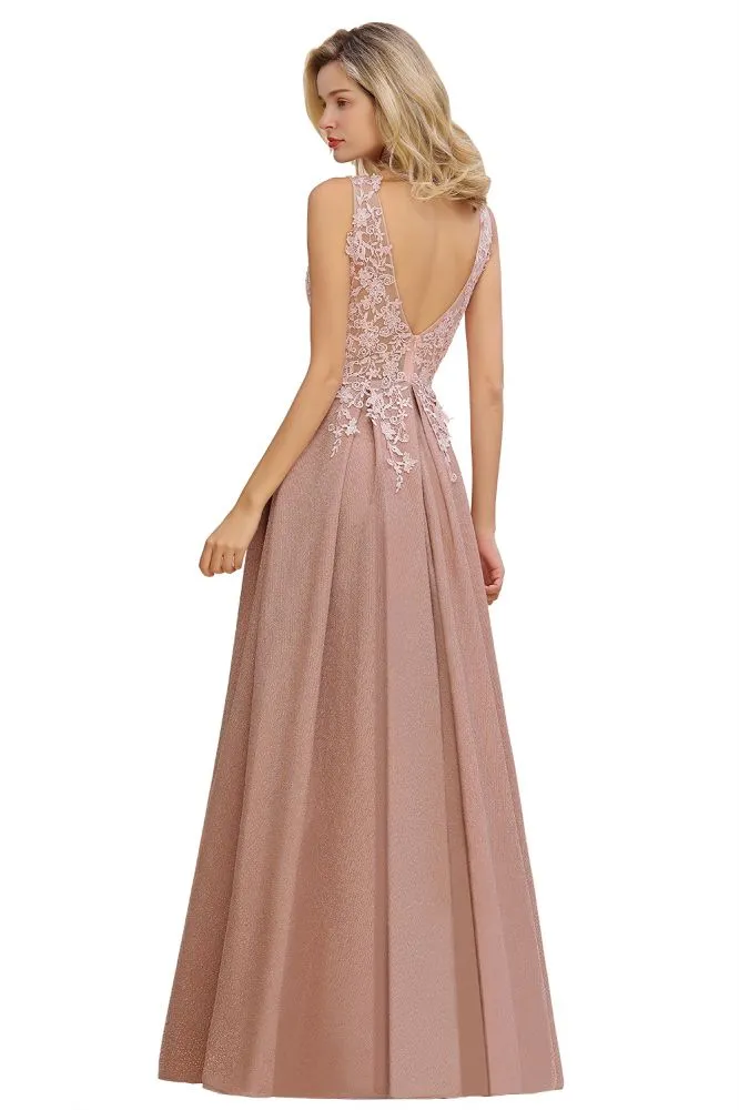 A-Line V-neck Floor-Length Tulle Sequined Formal Dress