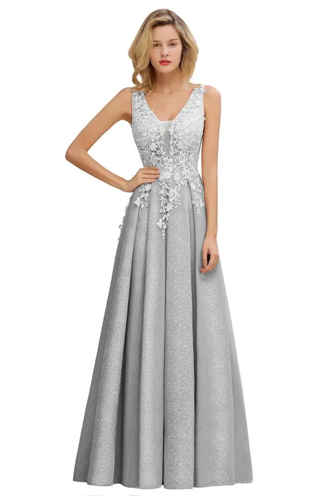 A-Line V-neck Floor-Length Tulle Sequined Formal Dress