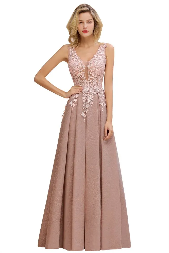 A-Line V-neck Floor-Length Tulle Sequined Formal Dress