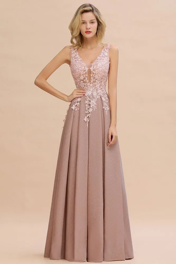 A-Line V-neck Floor-Length Tulle Sequined Formal Dress