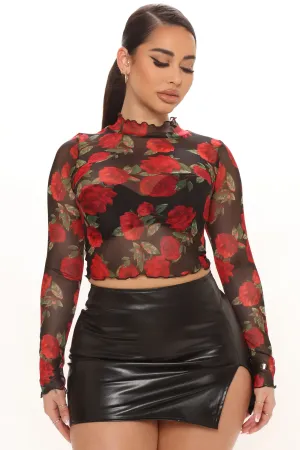 Ashia Floral Mesh Top - Black/Red