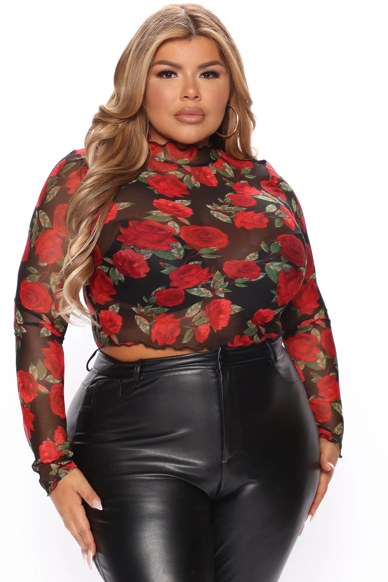 Ashia Floral Mesh Top - Black/Red