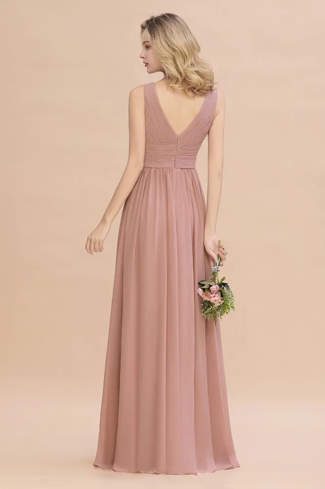 Chic Ruffles V-Neck Elegant Dusty Pink Bridesmaid Dresses On Sale