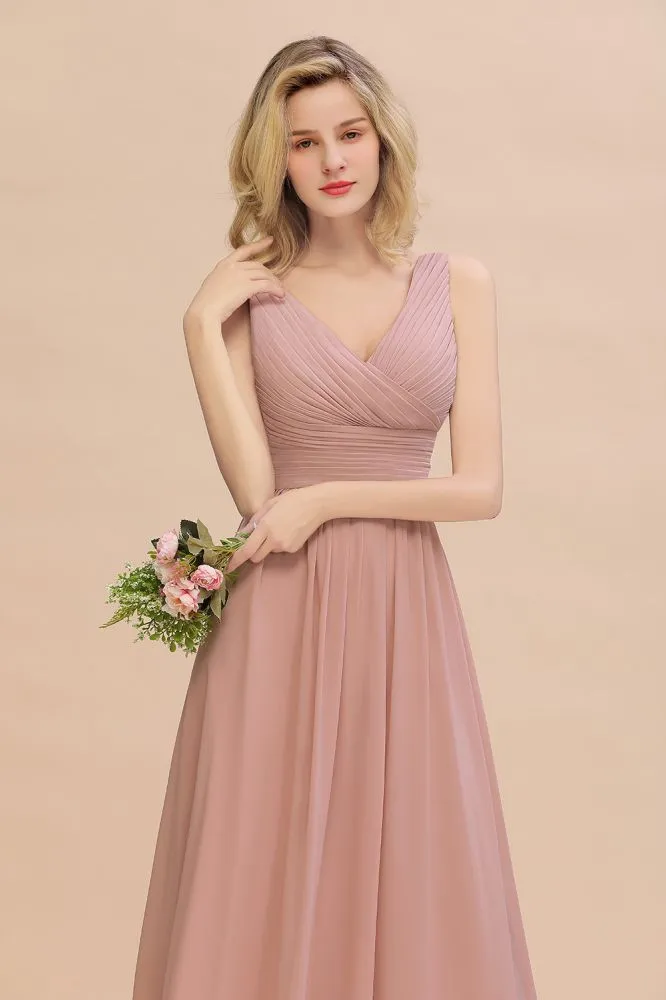 Chic Ruffles V-Neck Elegant Dusty Pink Bridesmaid Dresses On Sale