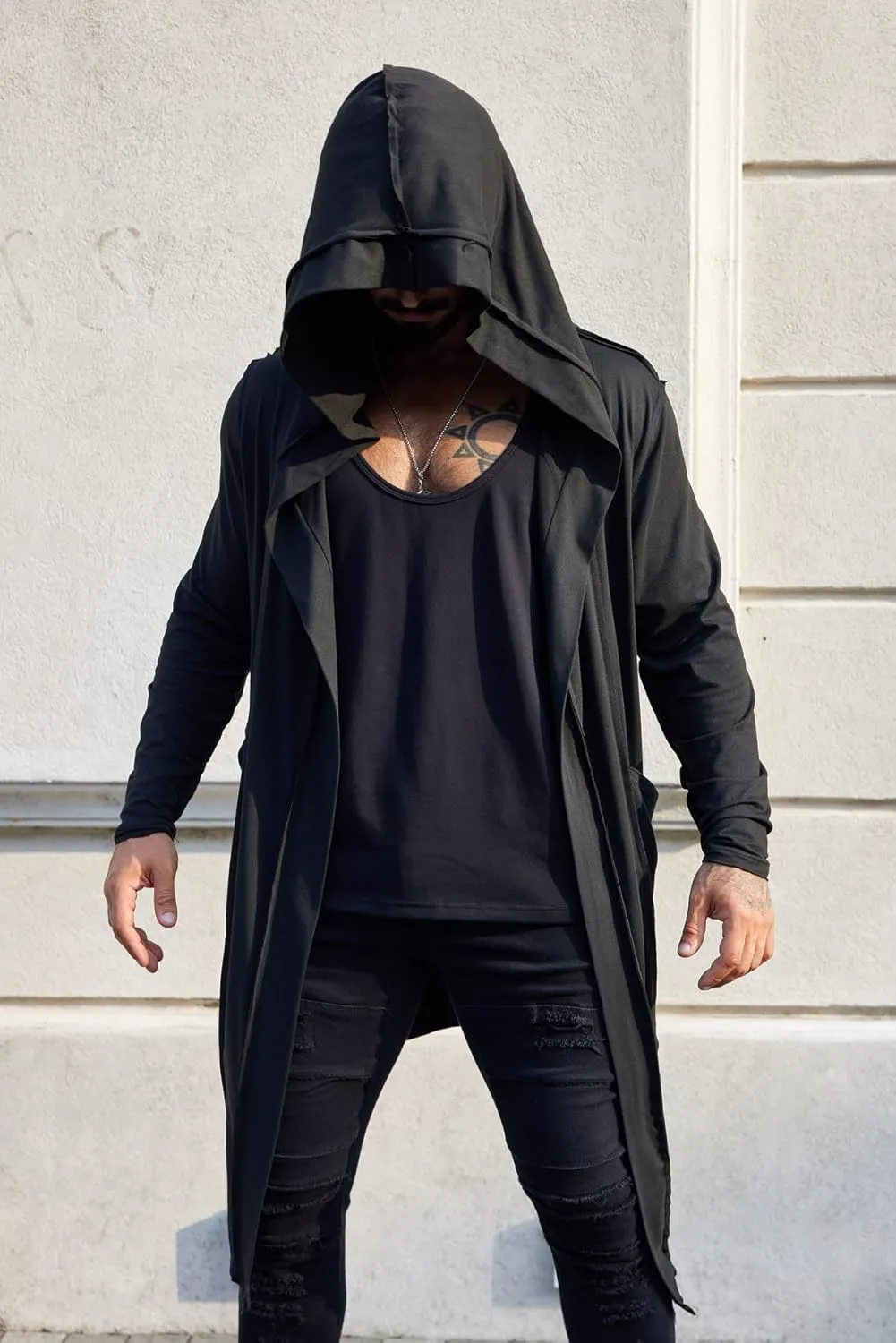 COOFANDY Long Hooded Cardigan Men Lightweight Cloak Costume Open Front Drape Cape Overcoat with Pockets