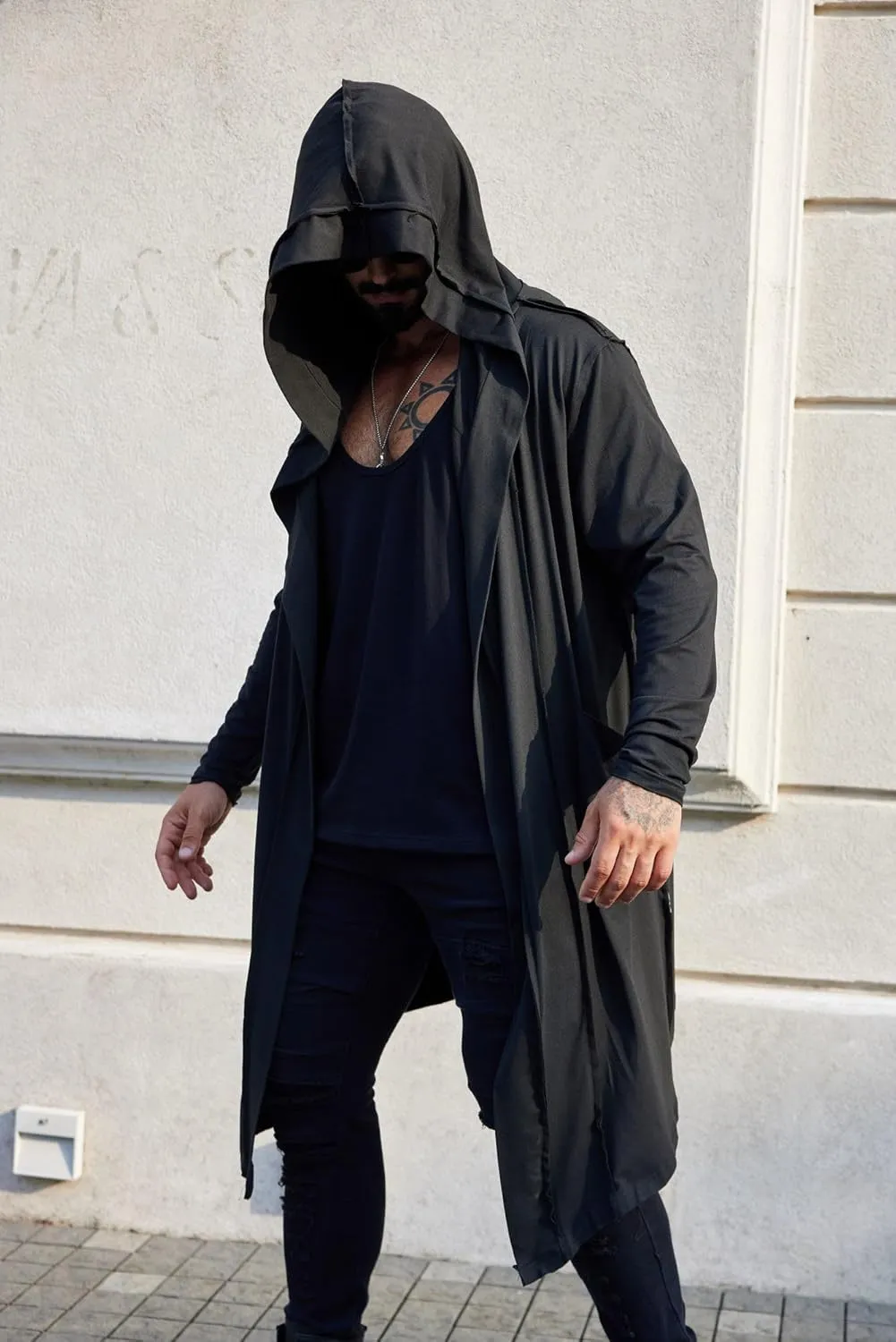 COOFANDY Long Hooded Cardigan Men Lightweight Cloak Costume Open Front Drape Cape Overcoat with Pockets