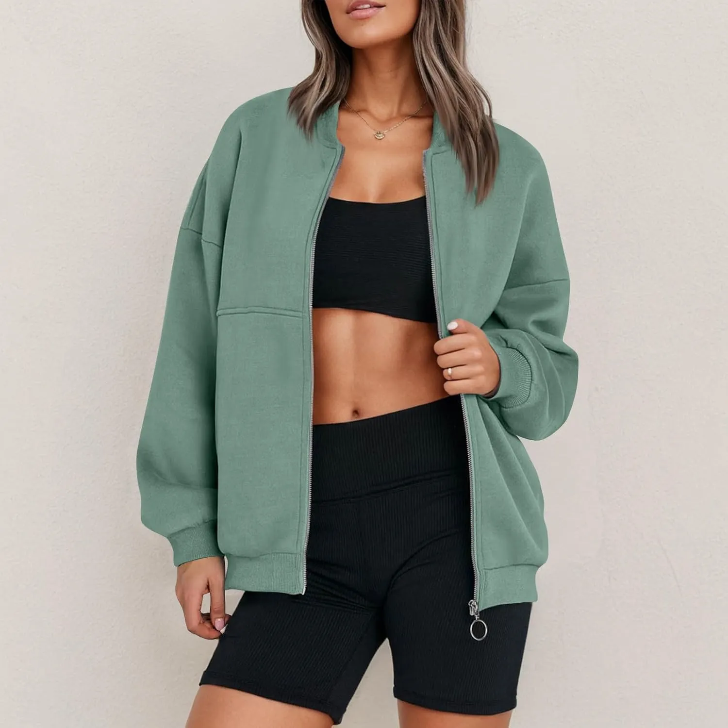 Fleece Jacket Women Zip Up Sweatshirt Casual Loose Fit Oversized Hoodie Trendy Bomber Jacket Long Sleeve Coats