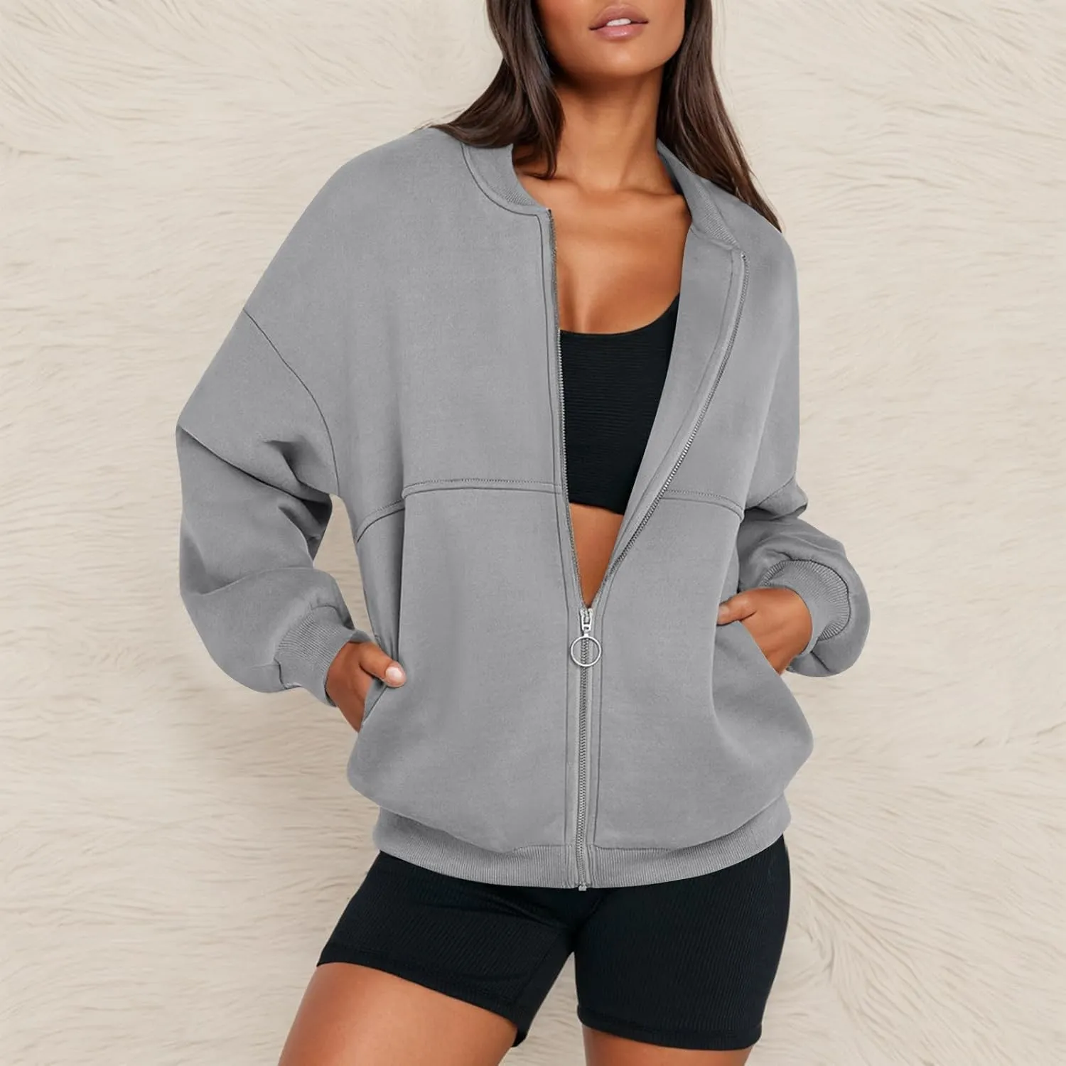 Fleece Jacket Women Zip Up Sweatshirt Casual Loose Fit Oversized Hoodie Trendy Bomber Jacket Long Sleeve Coats