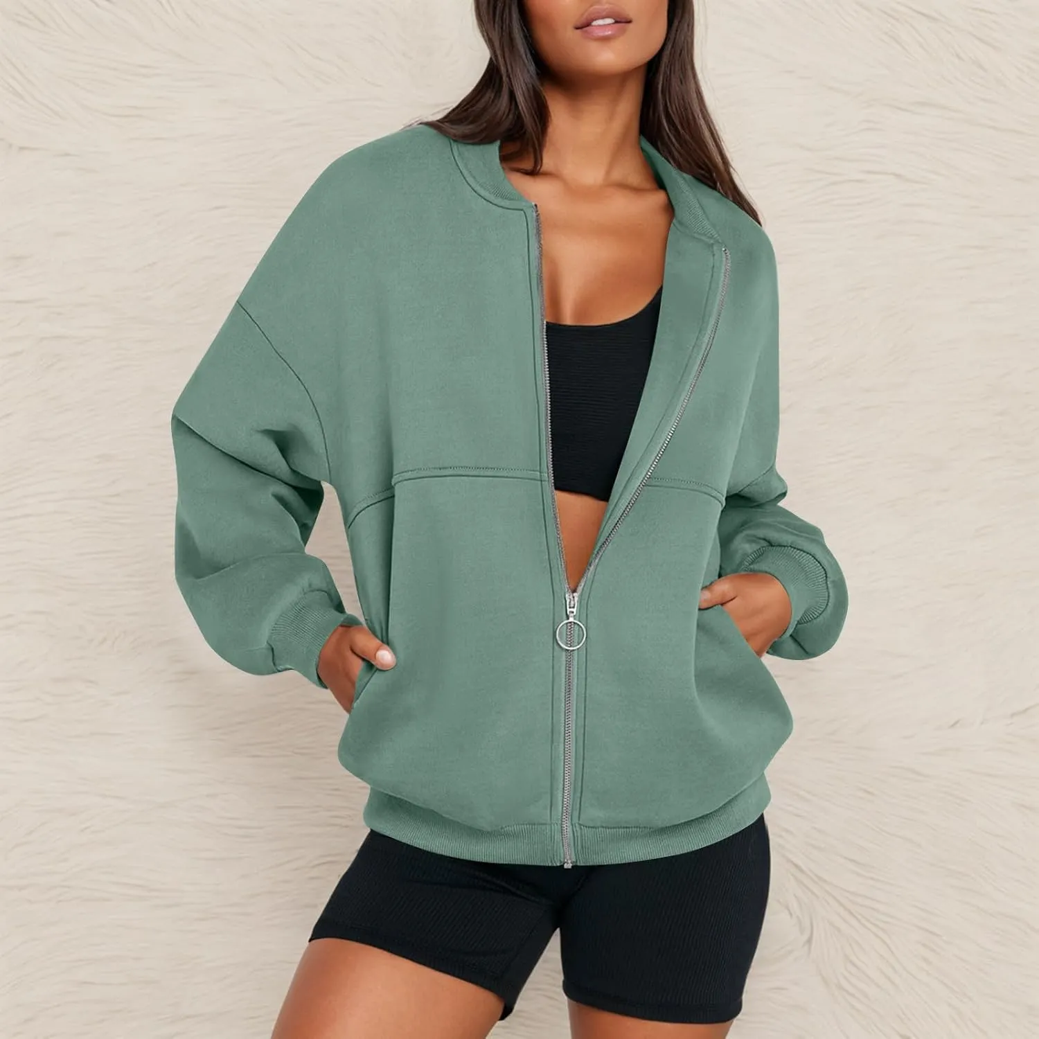 Fleece Jacket Women Zip Up Sweatshirt Casual Loose Fit Oversized Hoodie Trendy Bomber Jacket Long Sleeve Coats