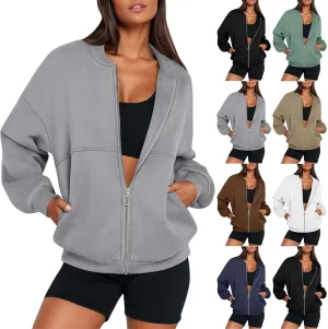 Fleece Jacket Women Zip Up Sweatshirt Casual Loose Fit Oversized Hoodie Trendy Bomber Jacket Long Sleeve Coats