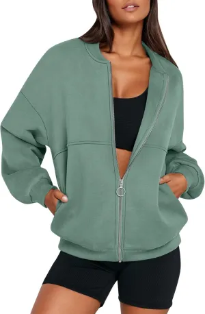 Fleece Jacket Women Zip Up Sweatshirt Casual Loose Fit Oversized Hoodie Trendy Bomber Jacket Long Sleeve Coats