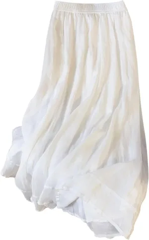 FZYLQY Cotton Linen Skirts for Womens Comfy High Rise Elastic Waist Skirt Versatile Double Layered Solid Color Midi Skirt