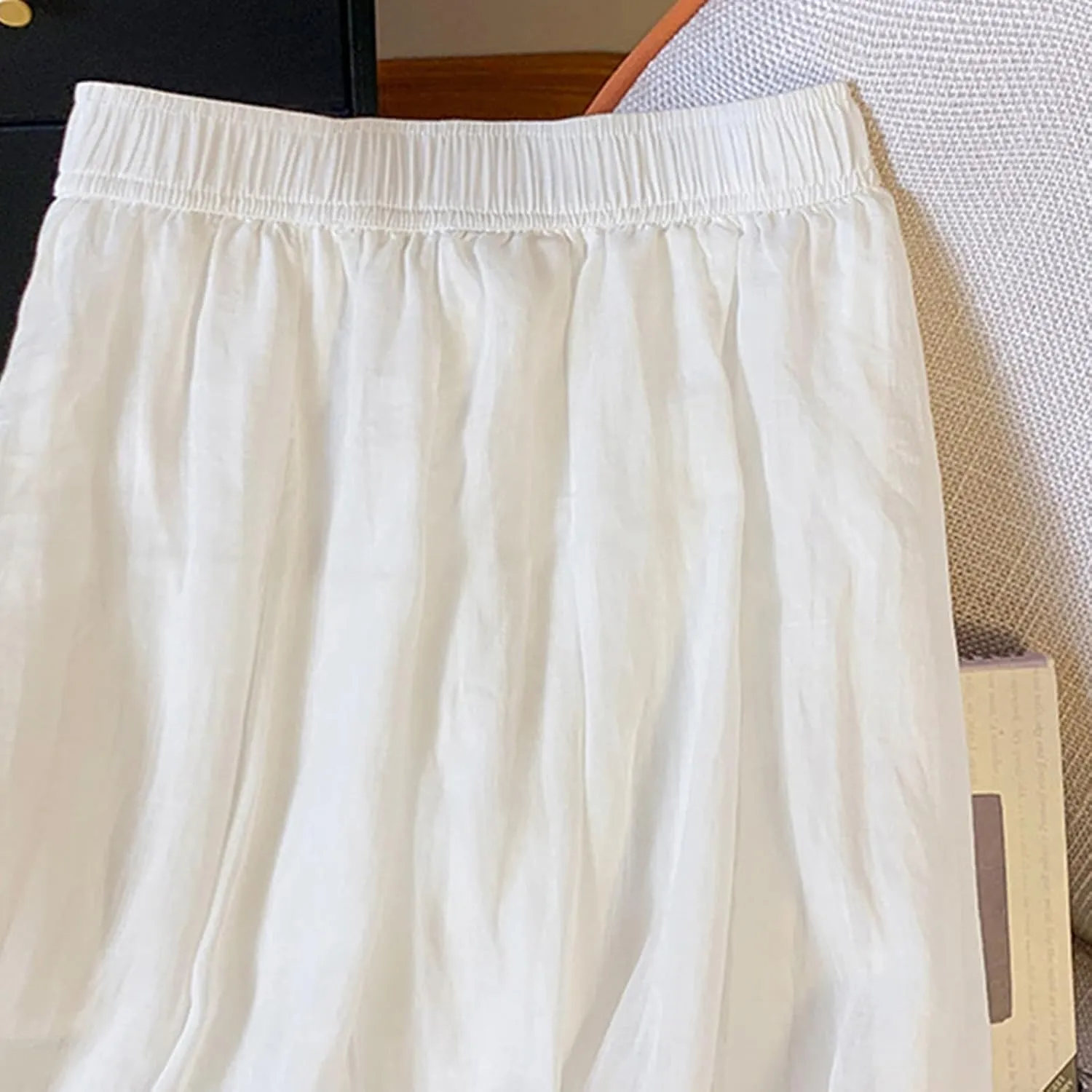 FZYLQY Cotton Linen Skirts for Womens Comfy High Rise Elastic Waist Skirt Versatile Double Layered Solid Color Midi Skirt