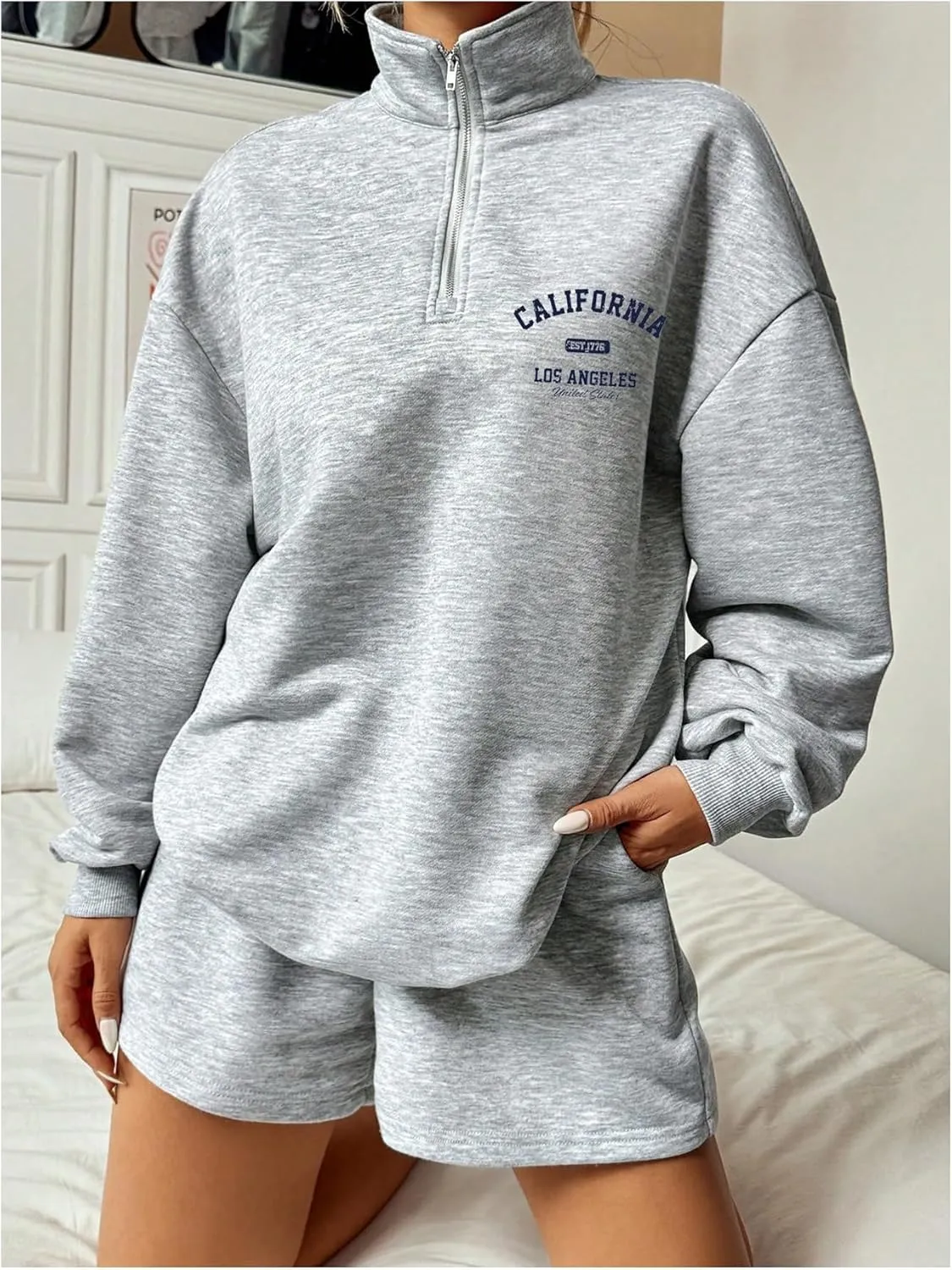GORGLITTER Women's American Flag Graphic Letter Quarter Zip Pullover Sweatshirt Casual Long Sleeve Mock Neck Pullover Tops