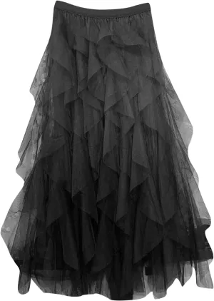Irregular Tulle Skirts for Women Trendy Elastic High Waist Midi Skirt Mesh Layered Prom Party Flowy A Line Skirts