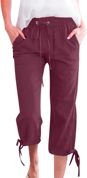 Linen Pants Women- Drawstring with Pockets Striped Loose Baggy Travel Trendy Light Weight Stretch Jogging Workout