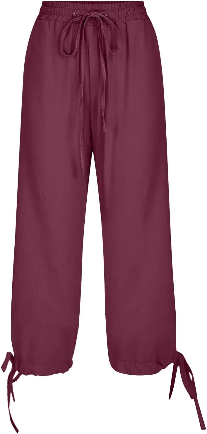 Linen Pants Women- Drawstring with Pockets Striped Loose Baggy Travel Trendy Light Weight Stretch Jogging Workout