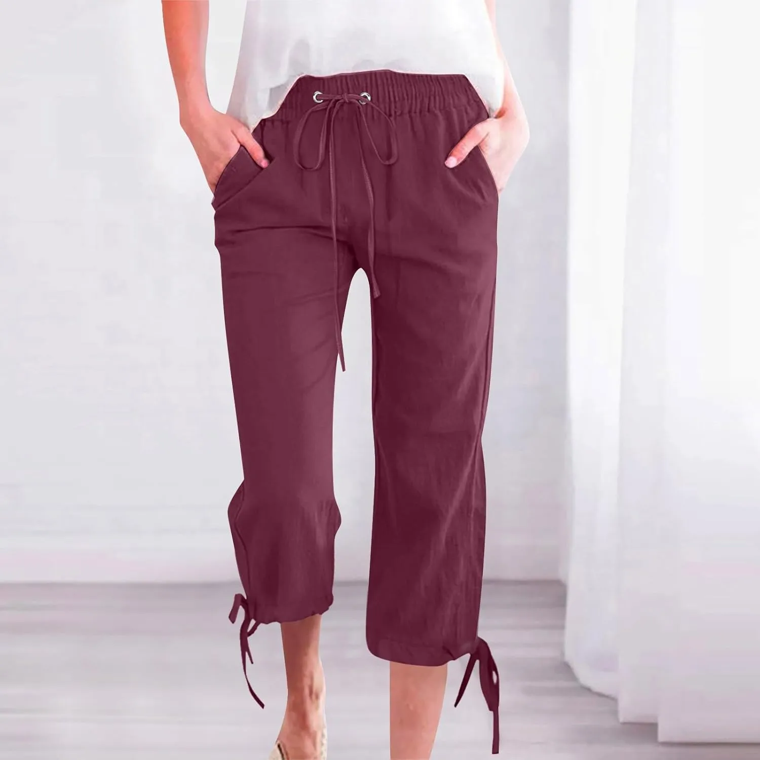 Linen Pants Women- Drawstring with Pockets Striped Loose Baggy Travel Trendy Light Weight Stretch Jogging Workout