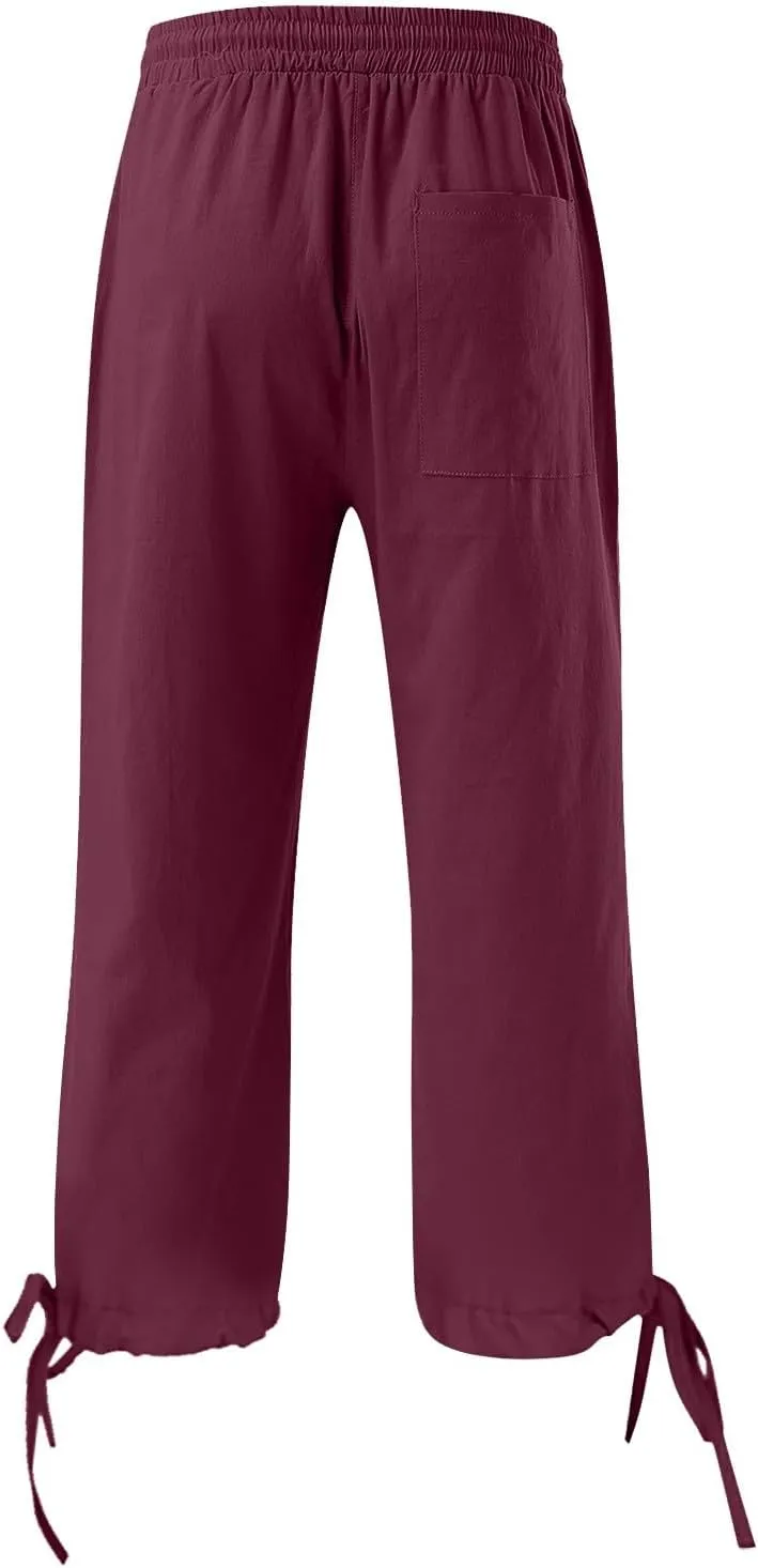 Linen Pants Women- Drawstring with Pockets Striped Loose Baggy Travel Trendy Light Weight Stretch Jogging Workout