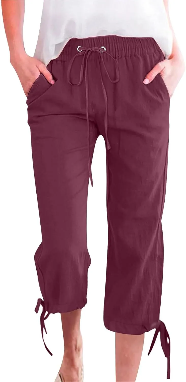 Linen Pants Women- Drawstring with Pockets Striped Loose Baggy Travel Trendy Light Weight Stretch Jogging Workout