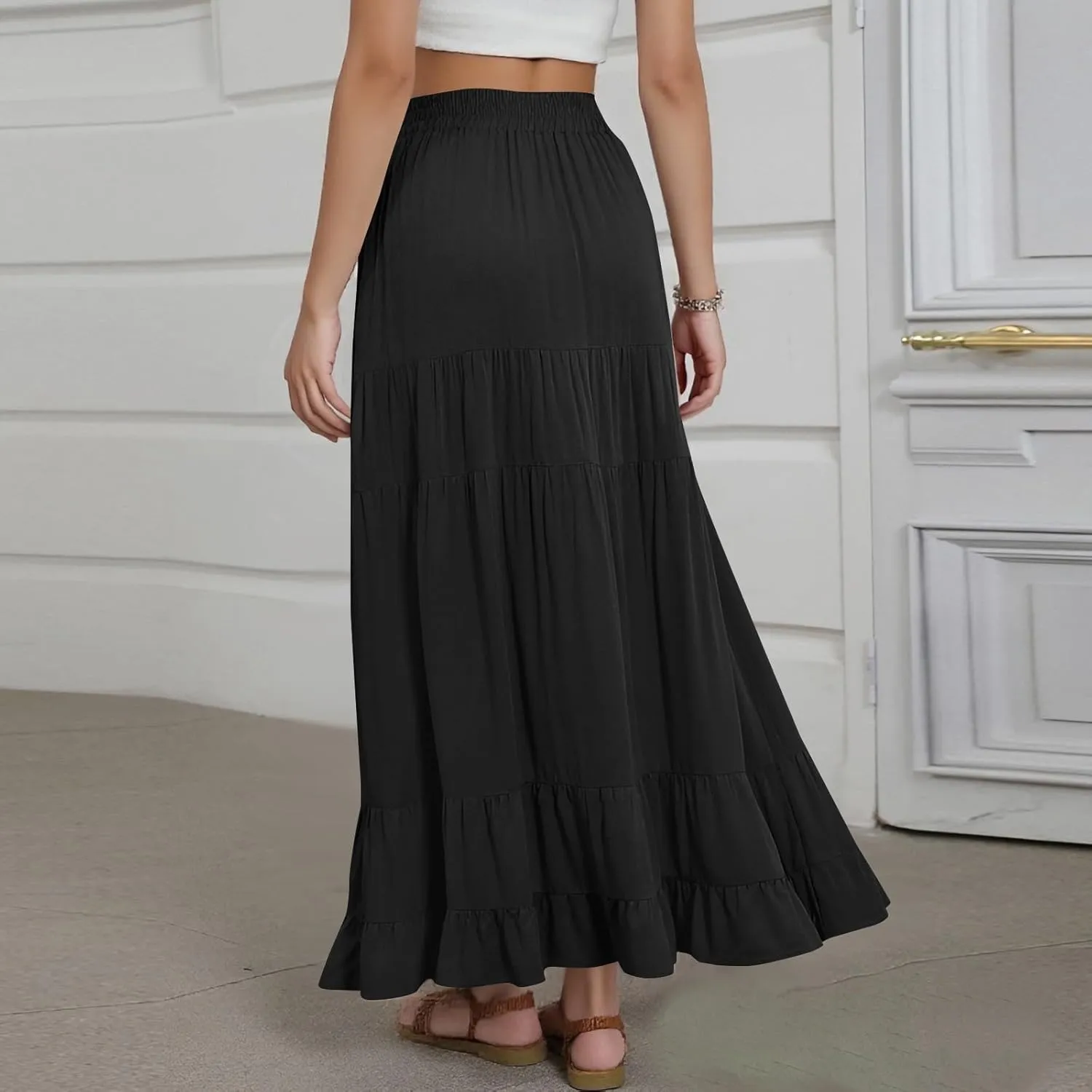 Long Skirts for Women Trendy 2025 Boho Elastic High Waisted Tiered Maxi Skirt Summer Casual Flowy Light Comfy Skirt