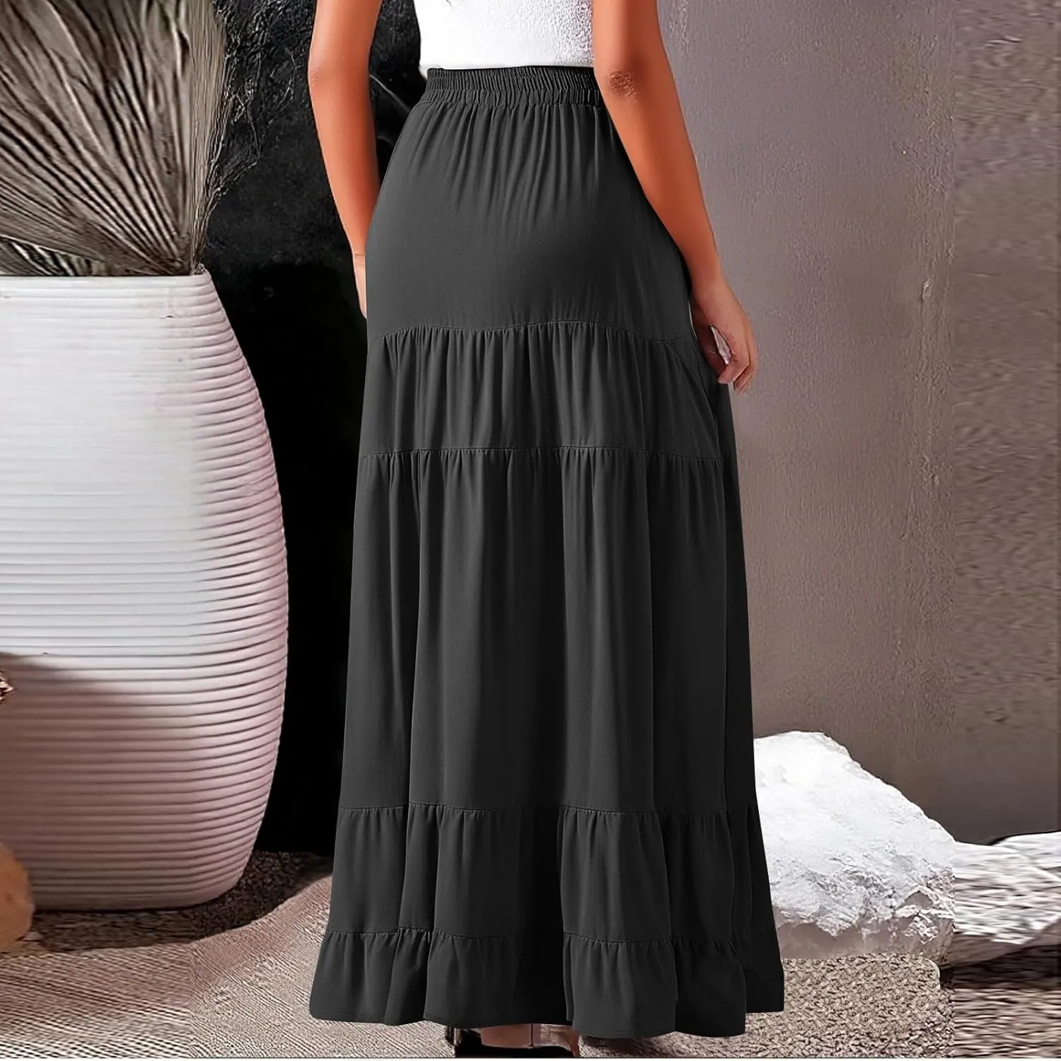 Long Skirts for Women Trendy 2025 Boho Elastic High Waisted Tiered Maxi Skirt Summer Casual Flowy Light Comfy Skirt