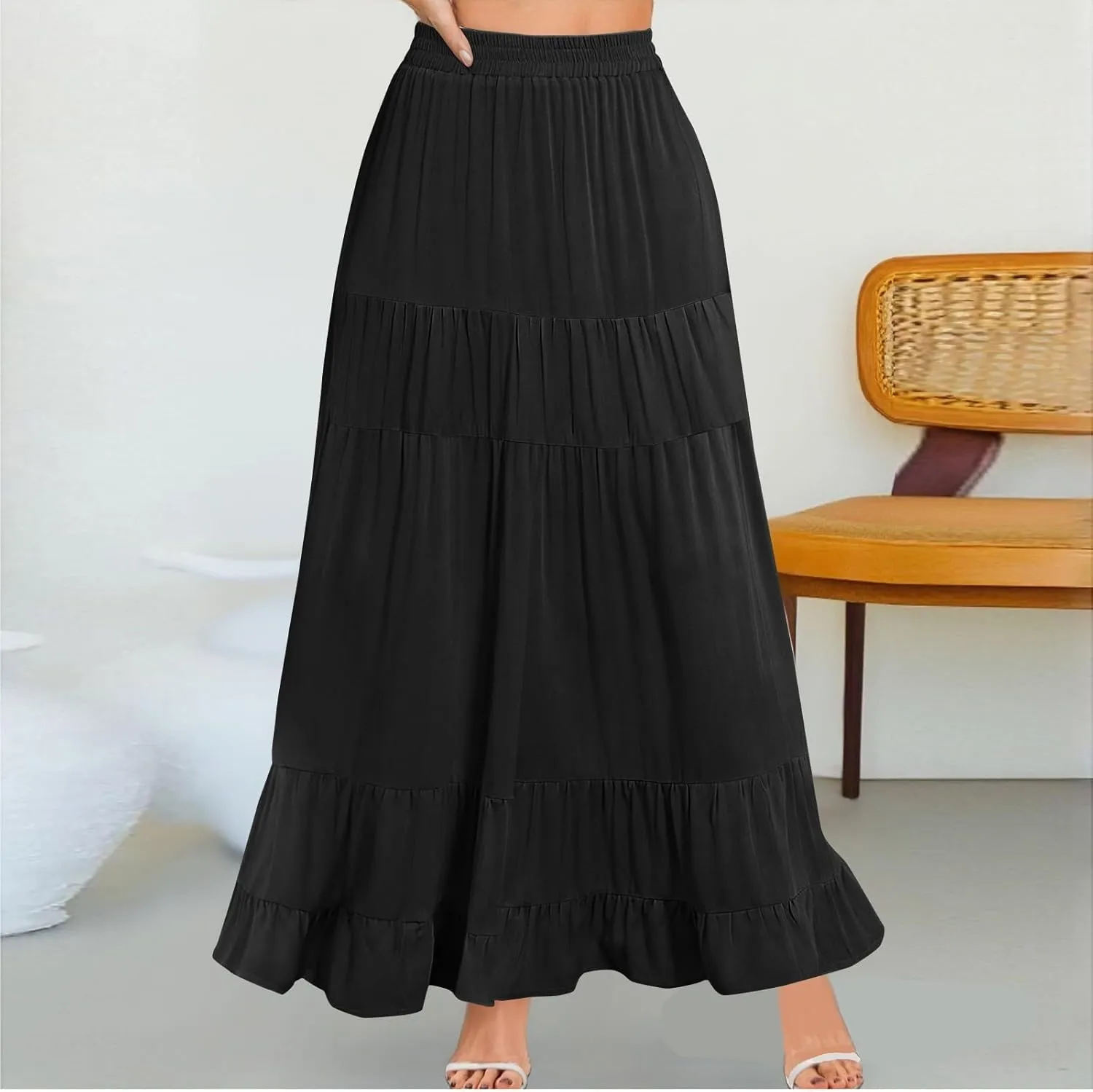Long Skirts for Women Trendy 2025 Boho Elastic High Waisted Tiered Maxi Skirt Summer Casual Flowy Light Comfy Skirt