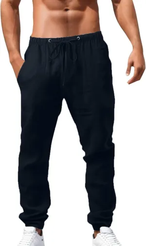 Men's Drawstring Stretch Trendy Cotton Linen Long Pants, Casual Summer Breathable Solid Color Sweatpants