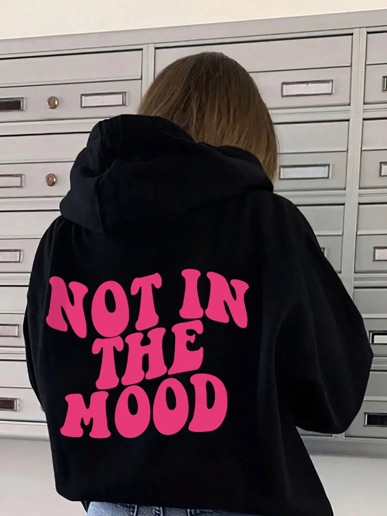 SHEIN Slogan Graphic Kangaroo Pocket Drop Shoulder Drawstring Hoodie