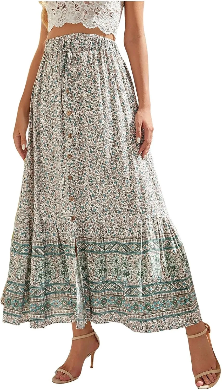 Woman Skirt Womens Boho Floral Maxi Skirt High Waisted Long Skirt Fashion Print Casual Lace Button Girls Tutu