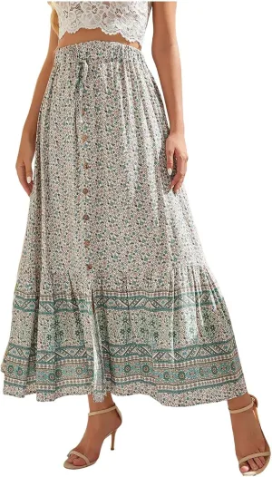 Woman Skirt Womens Boho Floral Maxi Skirt High Waisted Long Skirt Fashion Print Casual Lace Button Girls Tutu