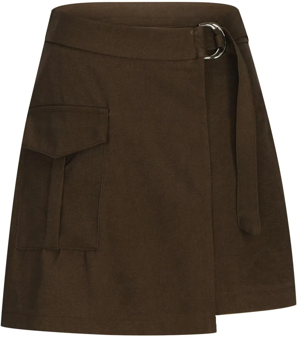 Womens Belted Skirt High Waist A Line Mini Skirt Spring Fashion Solid Mini A-Line Short Work Skirt with Pocket