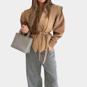 Women's Woolen Jacket - Long Sleeve High-Waist Coat - Turn-Down Collar - Belted Fit - Brown