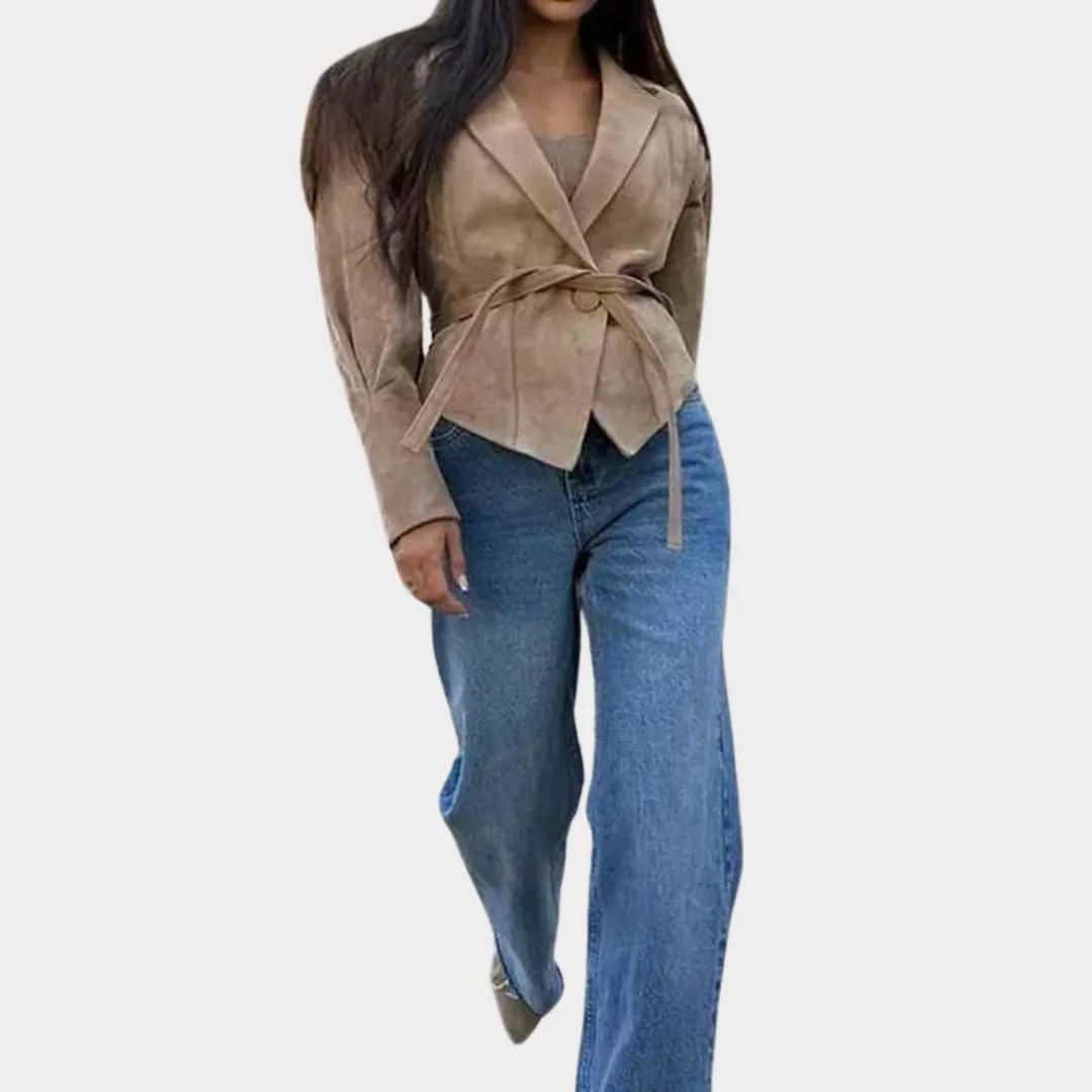 Women's Woolen Jacket - Long Sleeve High-Waist Coat - Turn-Down Collar - Belted Fit - Brown