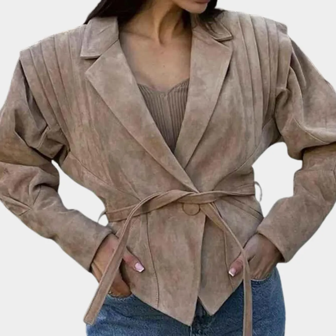 Women's Woolen Jacket - Long Sleeve High-Waist Coat - Turn-Down Collar - Belted Fit - Brown