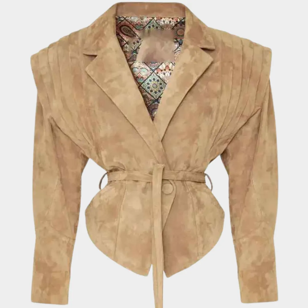 Women's Woolen Jacket - Long Sleeve High-Waist Coat - Turn-Down Collar - Belted Fit - Brown