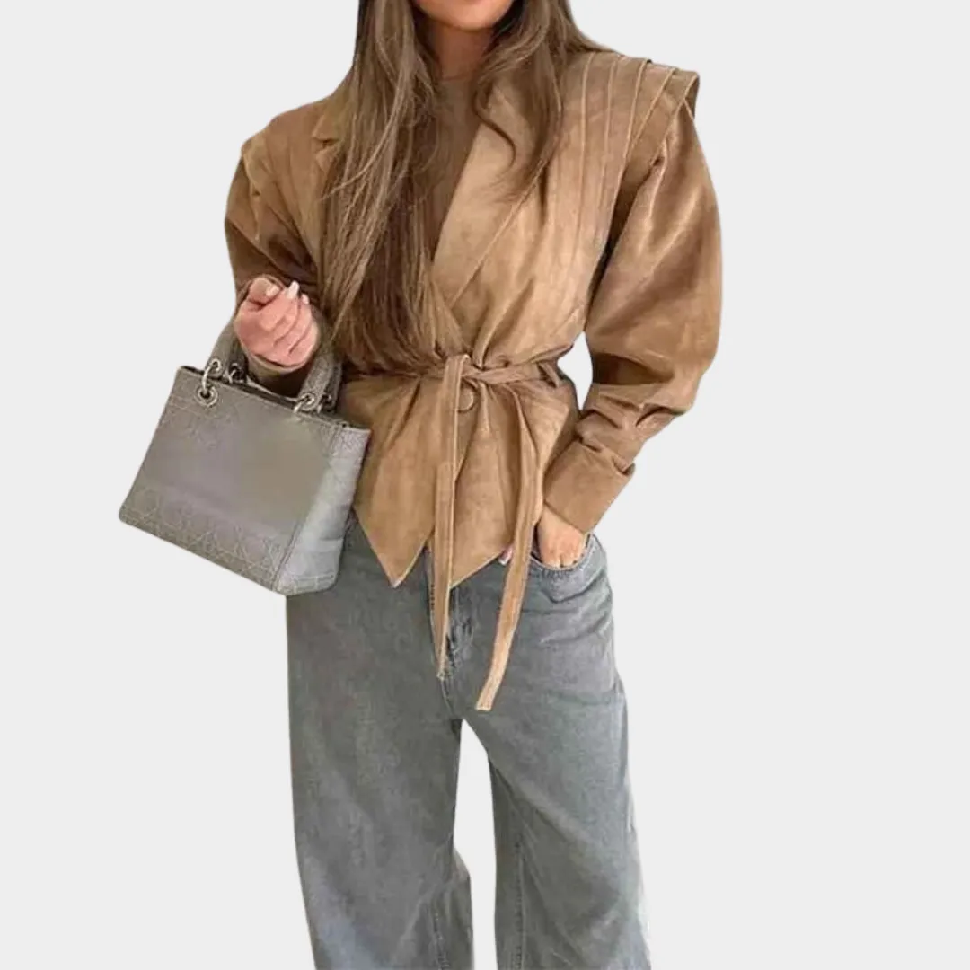 Women's Woolen Jacket - Long Sleeve High-Waist Coat - Turn-Down Collar - Belted Fit - Brown